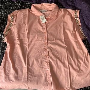 Pale Pink Button Down Top with chain detailing on the sleeves